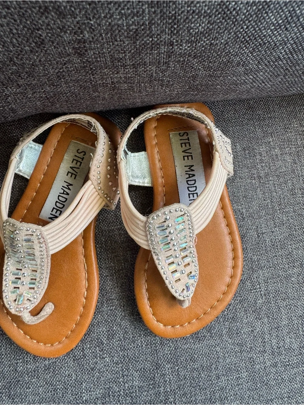 Steve Madden Girls Beige/Tan Rhinestone T-Strap Sandals